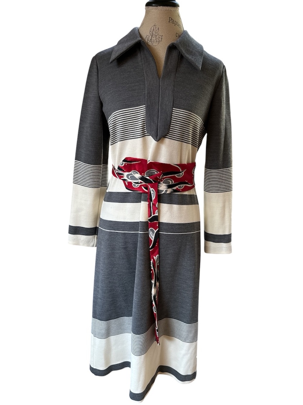 Cheekaberry poly wool long sleeved striped midi dress mod style medium